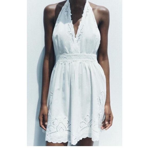 Zara NWT Cotton Eyelet Embroidered V-Neck  Mini Halter Dress Lined Size M - Picture 3 of 14